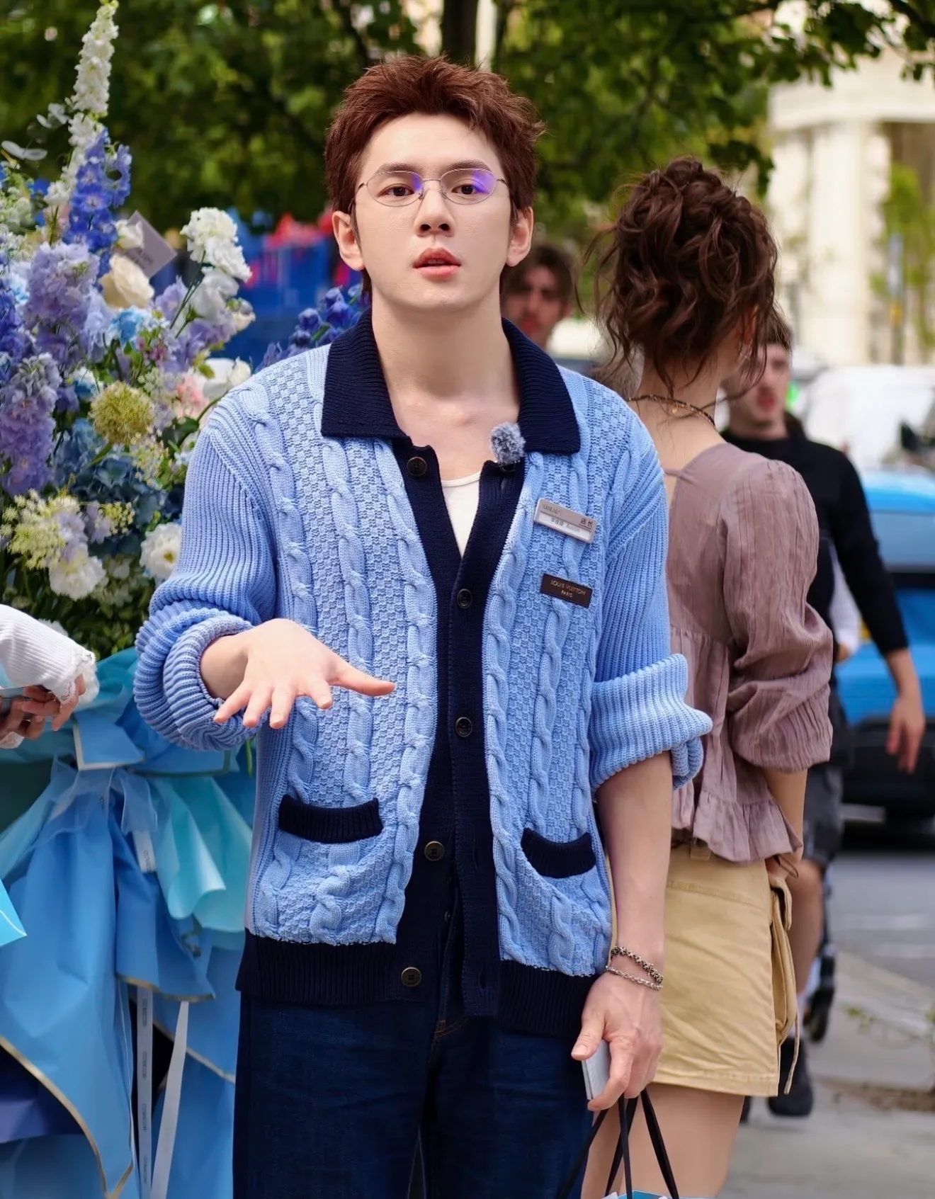 Louis Vuitton/Louis Vuitton leather label blue collar cable knit cardigan